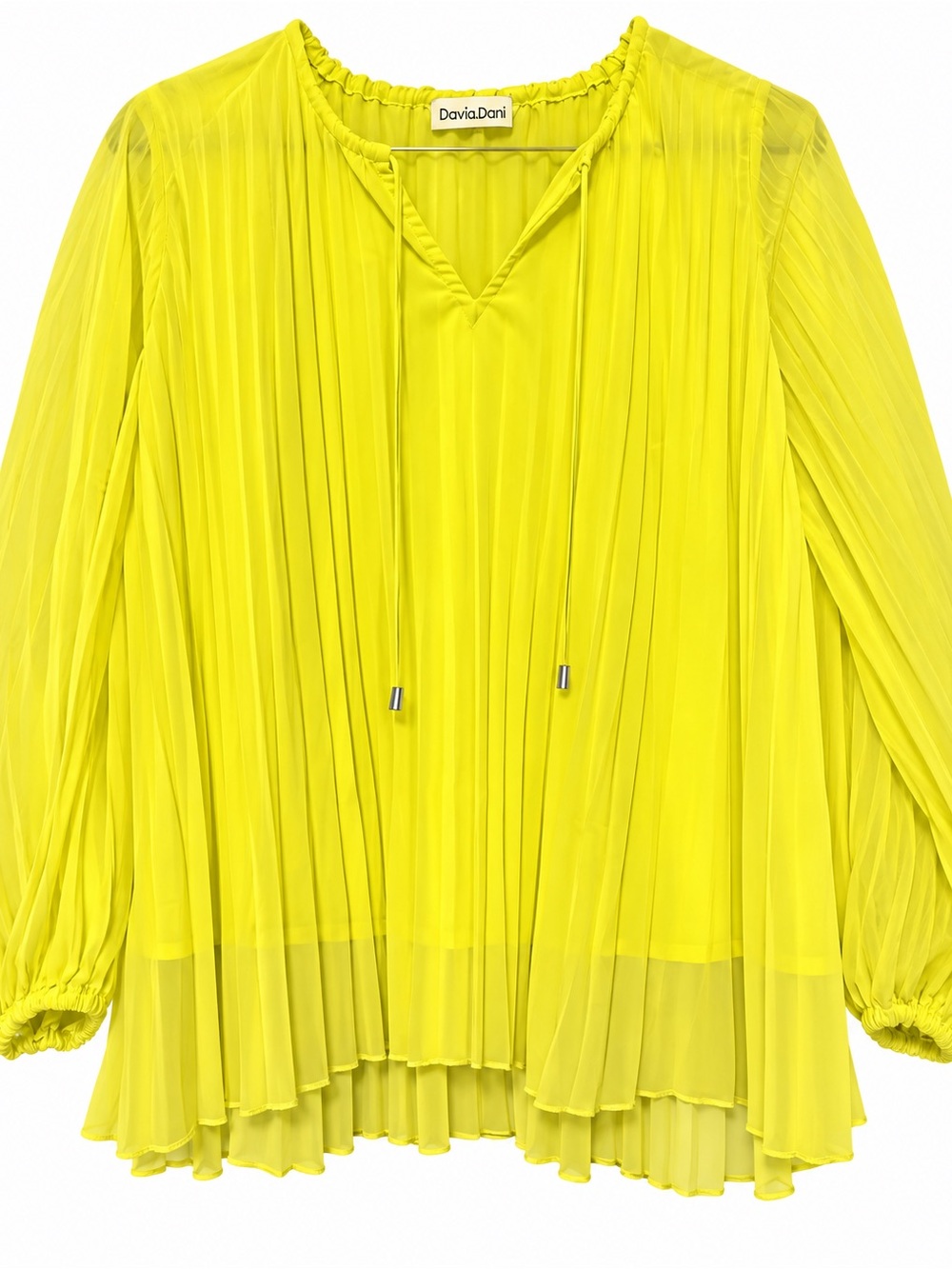 DAVI & DANI Bright Yellow Pleated V Neck Tunic Blouse L